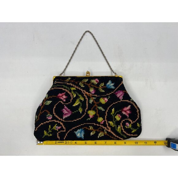 VTG 1960s Crewel Handbag/Purse/Needlepoint/X-Stitch/Embroidered Black w-Flowers - Picture 8 of 9